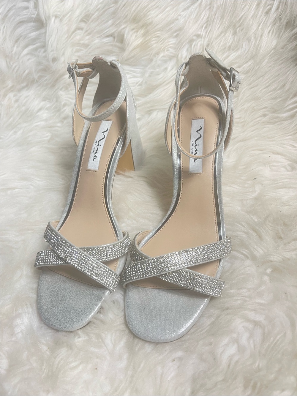 Nina New York Silver rhinestones metallic ankle strap -Strap Block Heels SZ9M